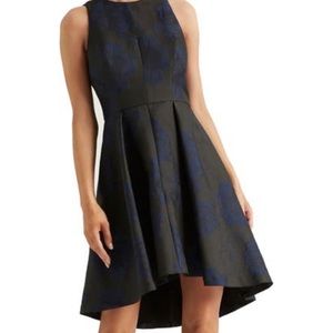 HALSTON HERITAGE SLEEVELESS FLORAL JACQUARD FIT & FLARE DRESS SZ 8 - BLACK/NAVY